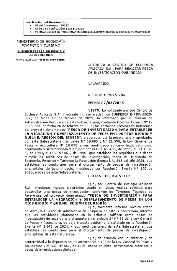 R. EX. Nº E-2025-205 AUTORIZA A CENTRO DE ECOLOGÍA APLICADA S.A., PARA REALIZAR PESCA DE INVESTIGACIÓN QUE INDICA. (Publicado en Página Web 10-03-2025)