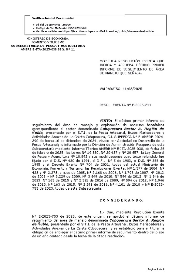 RESOL. EXENTA Nº E-2025-211 Modifica resolución que indica, Aprueba décimo primer informe de seguimiento. (Publicado en Página Web 11-03-2025)