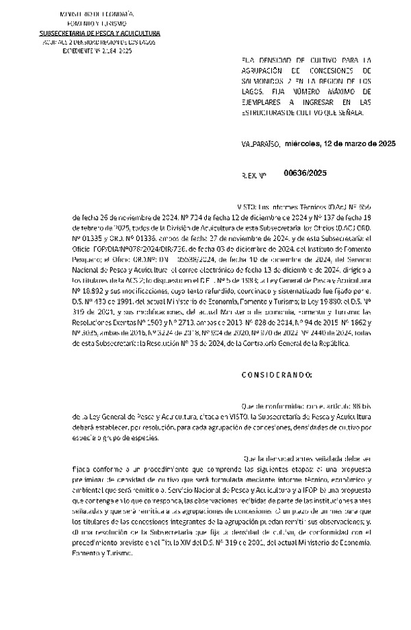 Res. Ex. N° 636-2025 Fija densidad de cultivo para la agrupación de concesiones de salmónidos 2 en la Región de Los Lagos. Fija número máximo de ejemplares a ingresar en las estructuras de cultivo que señala. (Con Informe Técnico) (Publicado en Página Web 13-03-2025)