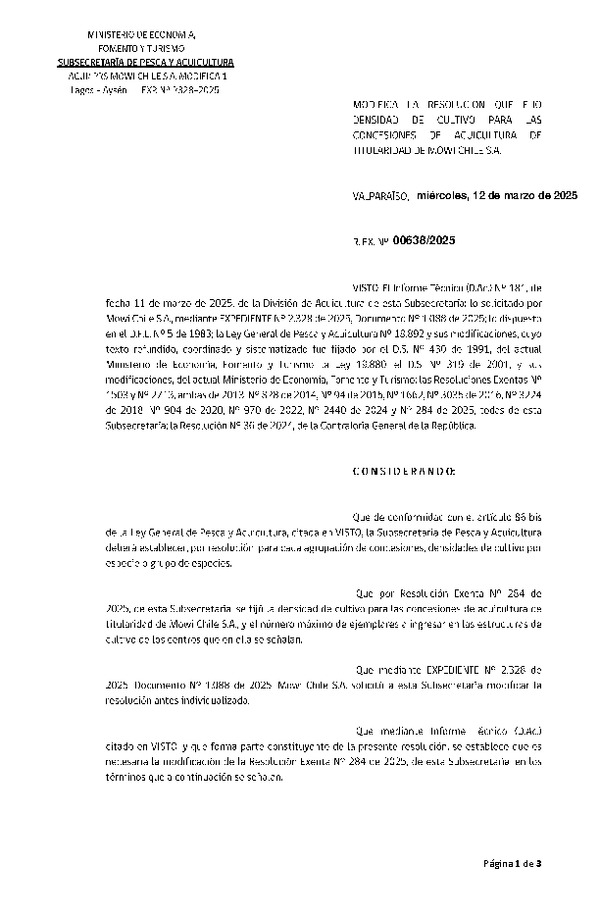 Res. Ex. N° 638-2025 Modifica Res. Ex. N° 284-2025 Fija densidad de cultivo para las concesiones de acuicultura de titularidad de Mowi Chile S.A. Aprueba programa de manejo que indica. (Con Informe Técnico) (Publicado en Página Web 13-03-2025)