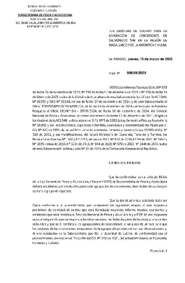 Res. Ex. N° 659-2025 Fija densidad de cultivo para la agrupación de concesiones de salmónidos 54B en la Región de Magallanes y de La Antártica Chilena. (Con Informe Técnico) (Publicado en Página Web 14-03-2025)