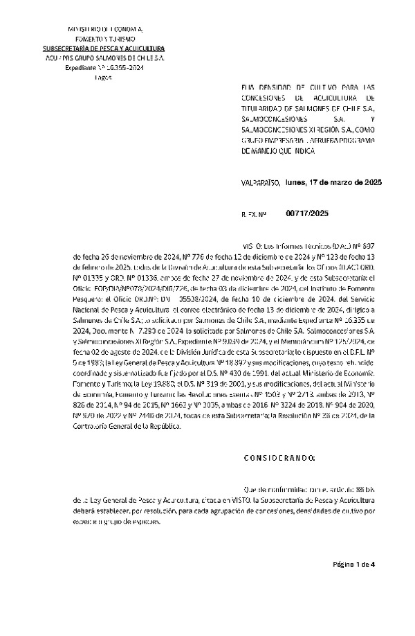 Res. Ex. Nº 717-2025 Fija densidad de cultivo para las concesiones de acuicultura de titularidad de Salmones de Chile S.A., Salmoconcesiones S.A. y Salmoconcesiones XI región S.A. como grupo empresarial. (Con informe técnico) (Publicado en Página Web 18-03-2025)