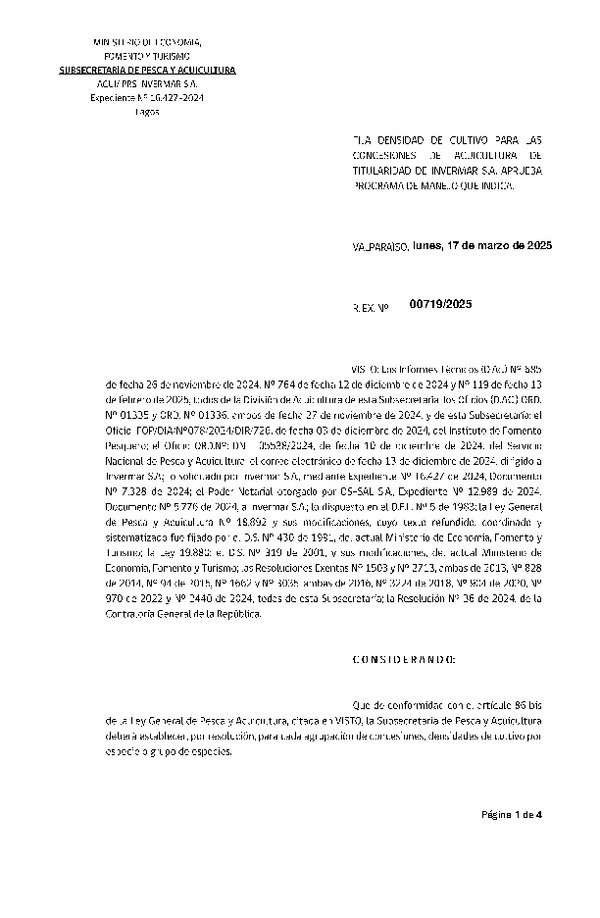 Res. Ex. Nº 719-2025 Fija densidad de cultivo para las concesiones de acuicultura de titularidad de Invermar S.A. Aprueba Programa de Manejo que Indica. (Con informe técnico) (Publicado en Página Web 18-03-2025)