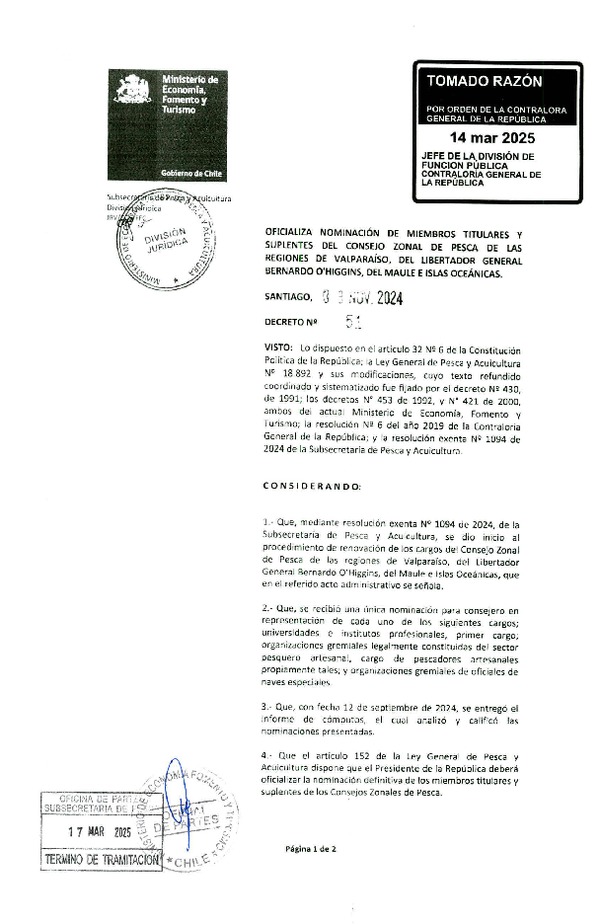 D.S. 51-2024 Oficializa Nominación de los Miembros Titulares y Suplentes del Consejo Zonal de Pesca de las Regiones de Valparaíso, del Libertador General Bernardo O'Higgins, del Maule e Islas Oceánicas. (Publicado en Página Web 24-03-2025)