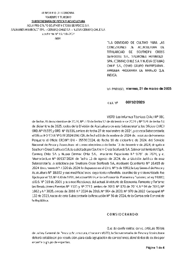 Res. Ex. N° 752-2025 Fija densidad de cultivo para las concesiones de acuicultura de titularidad de Douthern Cross Seafoods S.A., Salmones Humboldt SpA., Cermaq Chile S.A. y Nueva Cermaq Chile S.A., como grupo empresarial. Aprueba programa de manejo que indica. (Con Informe Técnico) (Publicado en Página Web 24-03-2025)