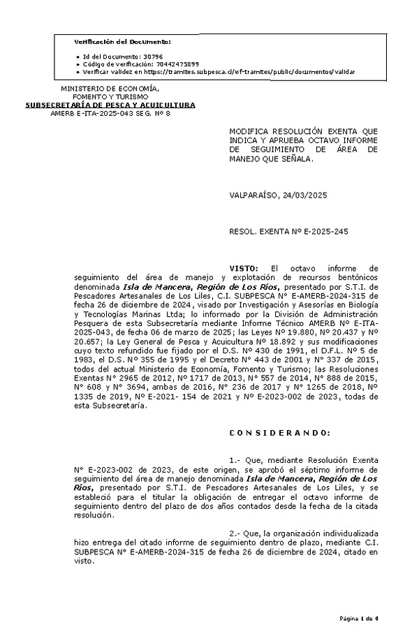 RESOL. EXENTA Nº E-2025-245 Modifica Resolución que Indica y Aprueba octavo informe de seguimiento. (Publicado en Página Web 24-03-2025)