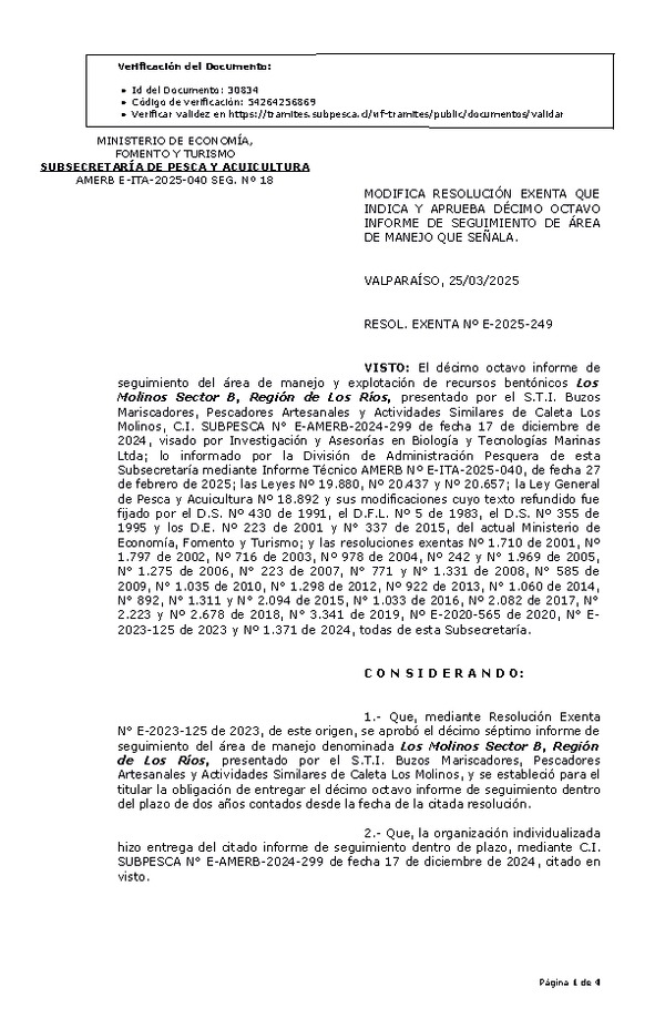 RESOL. EXENTA Nº E-2025-249 Modifica resolución que indica, Aprueba 18° seguimiento. (Publicado en Página Web 25-03-2025)