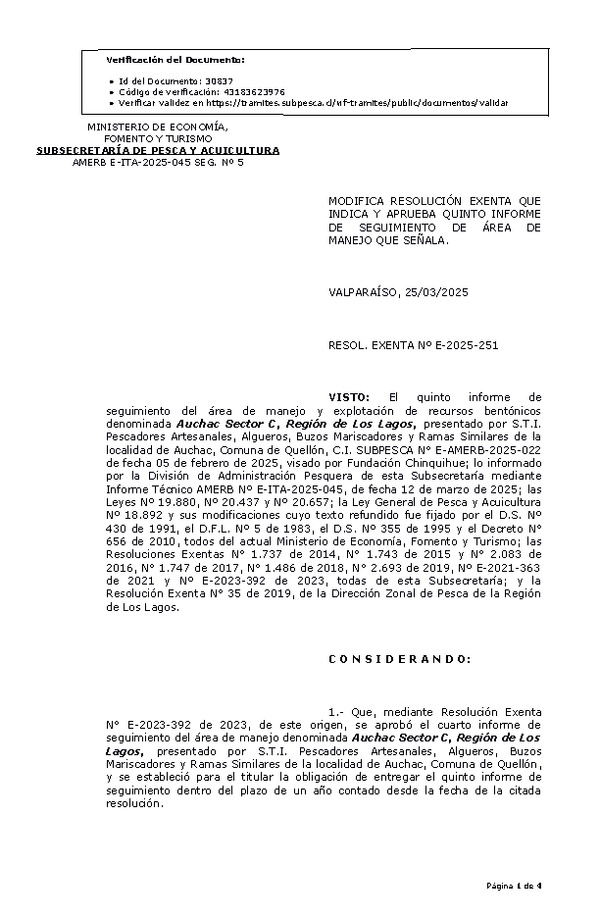 RESOL. EXENTA Nº E-2025-251 Modifica Resolución que indica, Aprueba 5° seguimiento. (Publicado en Página Web 25-03-2025)