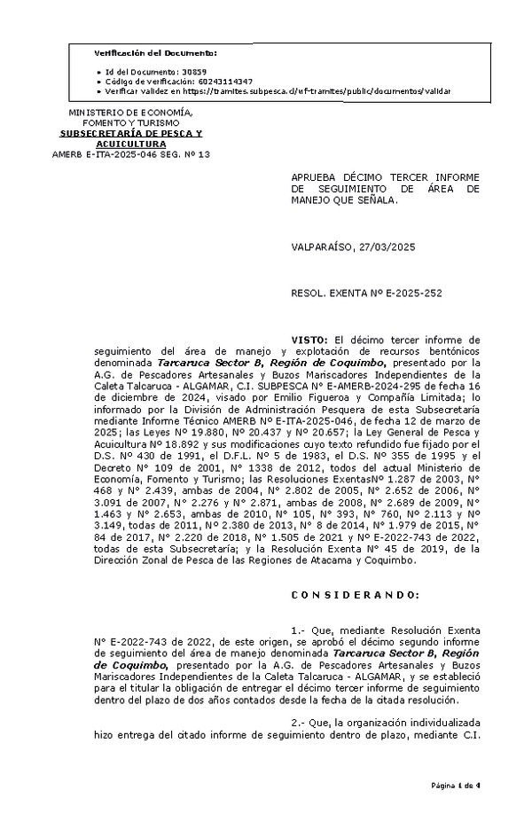 RESOL. EXENTA Nº E-2025-252 Aprueba décimo tercer informe de seguimiento. (Publicado en Página Web 27-03-2025)