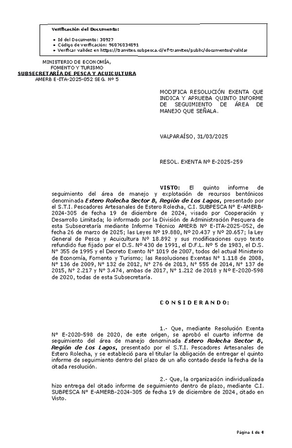 RESOL. EXENTA Nº E-2025-259 Modifica resolución que indica, aprueba quinto informe de seguimiento. (Publicado en Página Web 31-03-2025)