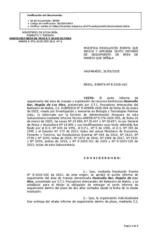 RESOL. EXENTA Nº E-2025-262 Modifica resolución que indica, Aprueba sexto informe de seguimiento. (Publicado en Página Web 01-04-2025)