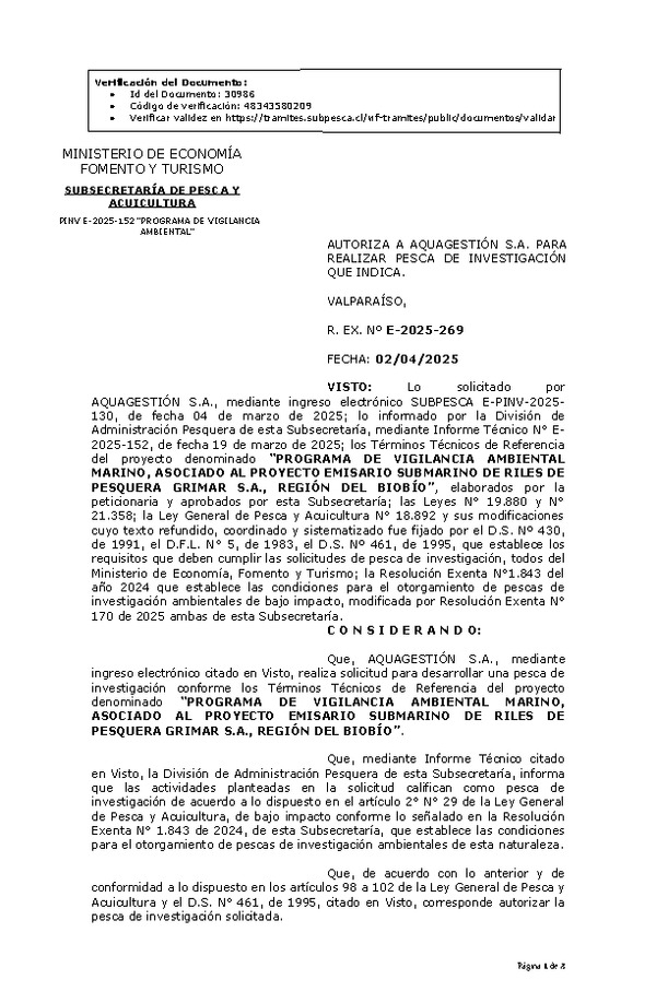 R. EX. Nº E-2025-269 AUTORIZA A AQUAGESTIÓN S.A. PARA REALIZAR PESCA DE INVESTIGACIÓN QUE INDICA. (Publicado en Página Web 03-04-2025)