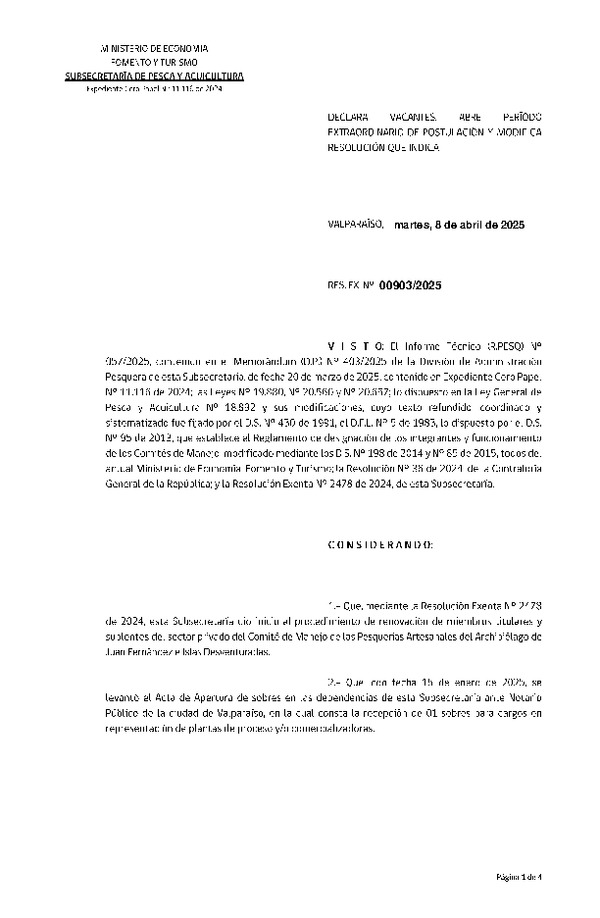 Res. Ex. N° 903-2025 Declara Vacantes, abre Período Extraordinario de Postulación y Modifica Resolución que Indica. (Publicado en Página Web 09-04-2025)
