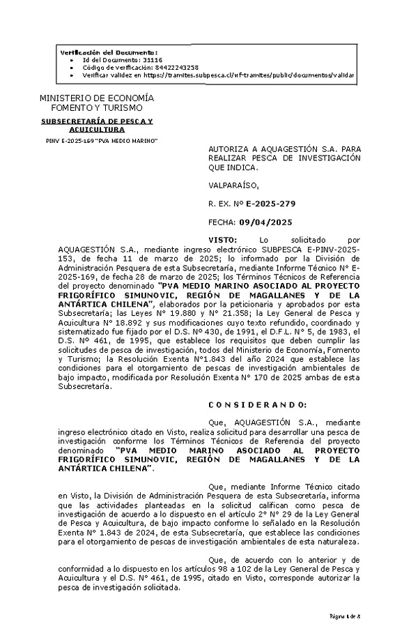 R. EX. Nº E-2025-279 AUTORIZA A ECOGESTIÓN AMBIENTAL LTDA., PARA REALIZAR PESCA DE INVESTIGACIÓN QUE INDICA. (Publicado en Página Web 10-04-2025)
