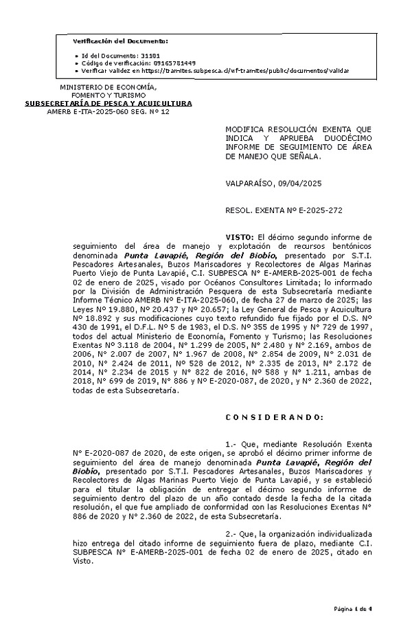 RESOL. EXENTA Nº E-2025-272 Modifica resolución que indica, aprueba duodécimo informe de seguimiento. (Publicado en Página Web 10-04-2025)