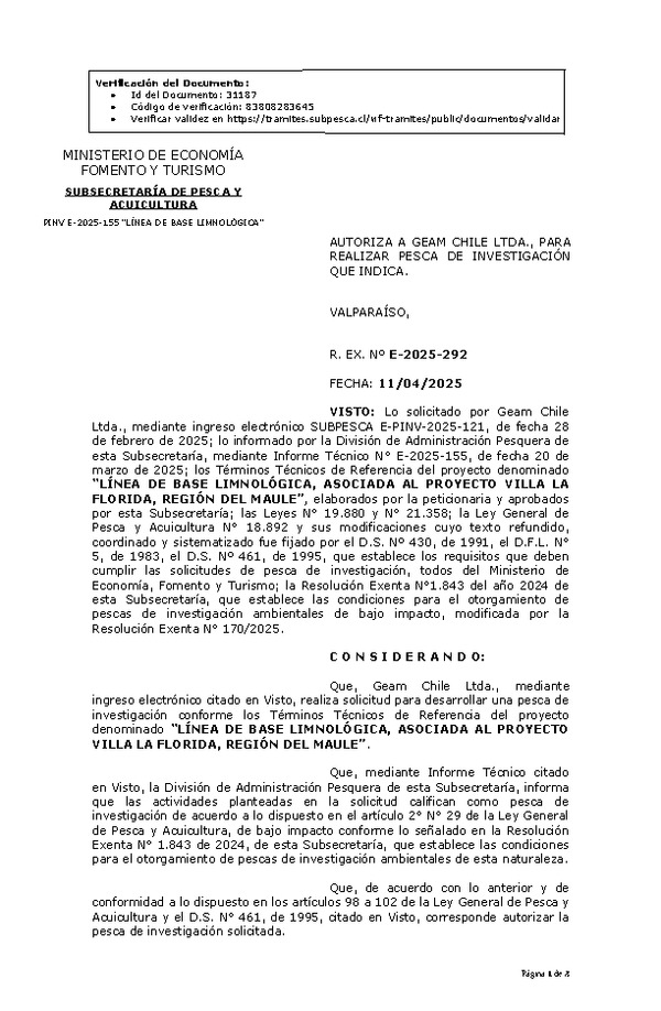 R. EX. Nº E-2025-292 AUTORIZA A GEAM CHILE LTDA., PARA REALIZAR PESCA DE INVESTIGACIÓN QUE INDICA. (Publicado en Página Web 11-04-2025)