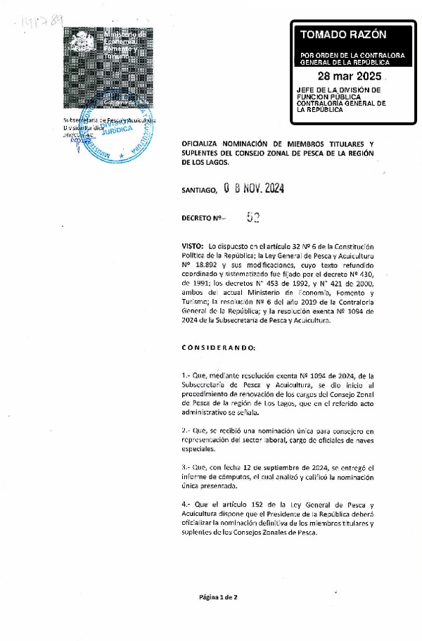 D.S. 52-2024 Oficializa Nominación de los Miembros Titulares y Suplentes del Consejo Zonal de Pesca de la Regiones de Los Lagos. (Publicado en Página Web 11-04-2025)