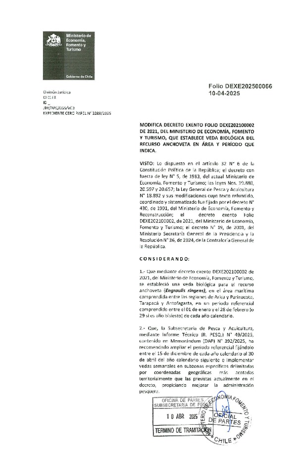Dec. Ex. Folio 202500066 Modifica Dec. Ex. N° Folio 202100002 Establece Veda Biológica para el Recurso Anchoveta entre las Regiones de Arica y Parinacota y Antofagasta. (Publicado en Página Web 11-04-2025)