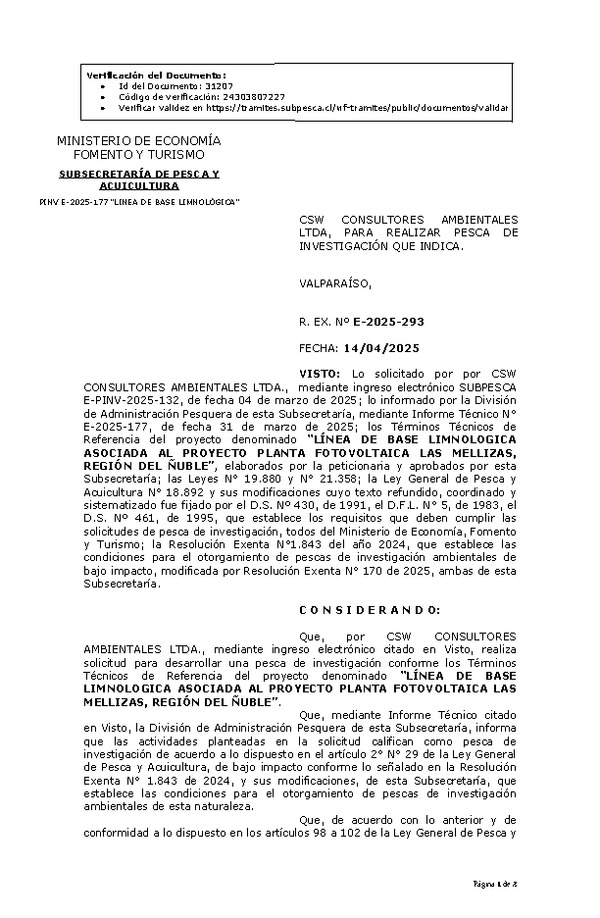 R. EX. Nº E-2025-293 CSW CONSULTORES AMBIENTALES LTDA, PARA REALIZAR PESCA DE INVESTIGACIÓN QUE INDICA. (Publicado en Página Web 14-04-2025)