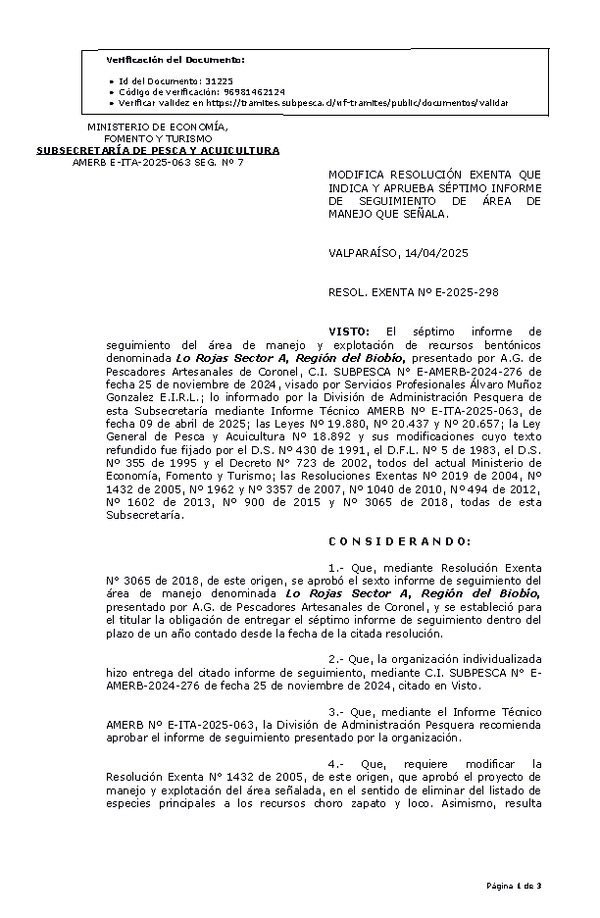 RESOL. EXENTA Nº E-2025-298 Modifica resolución que indica, aprueba séptimo informe de seguimiento. (Publicado en Página Web 16-04-2025)