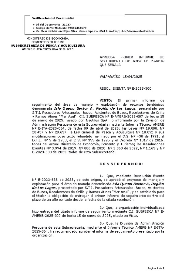 RESOL. EXENTA Nº E-2025-300 Aprueba primer informe de seguimiento. (Publicado en Página Web 16-04-2025)