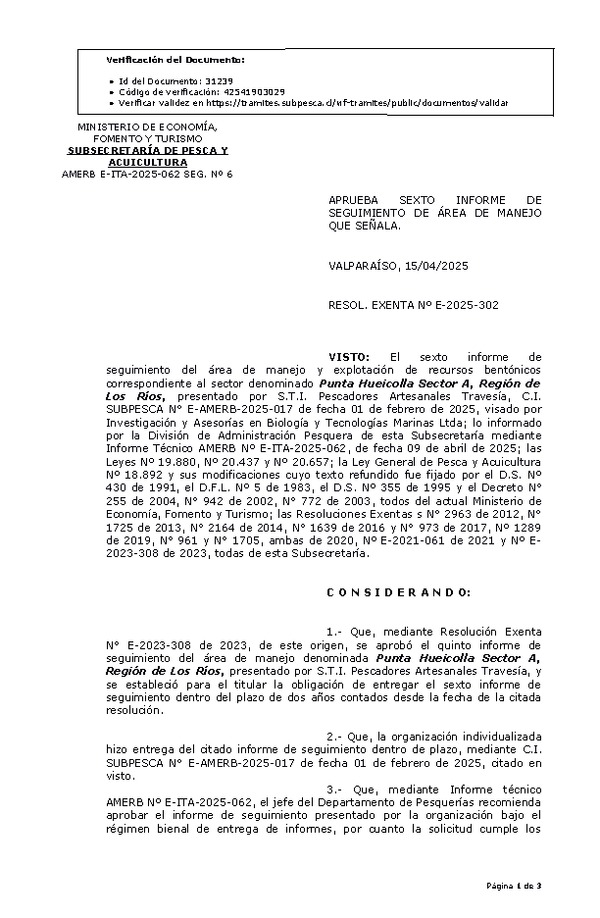 RESOL. EXENTA Nº E-2025-302 Aprueba sexto informe de seguimiento. (Publicado en Página Web 16-04-2025)