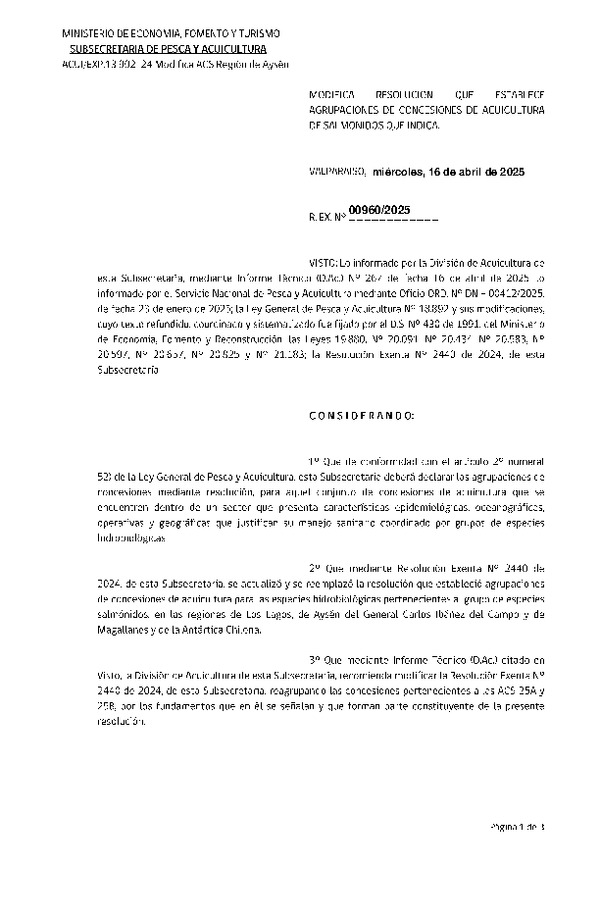 Res. Ex. N° 960-2025 Modifica Res. Ex. N° 2440-2024 Actualiza y Reemplaza Resolución que Establece Agrupaciones de Concesiones de Acuicultura de Salmónidos en Regiones que Indica. Deja sin Efecto Resolución que Señala. (Publicado en Página Web 17-04-2025)
