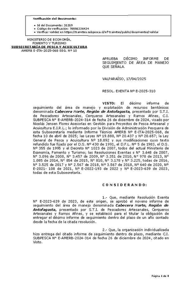 RESOL. EXENTA Nº E-2025-310 Aprueba 10º Seguimiento. (Publicado en Página Web 21-04-2025)