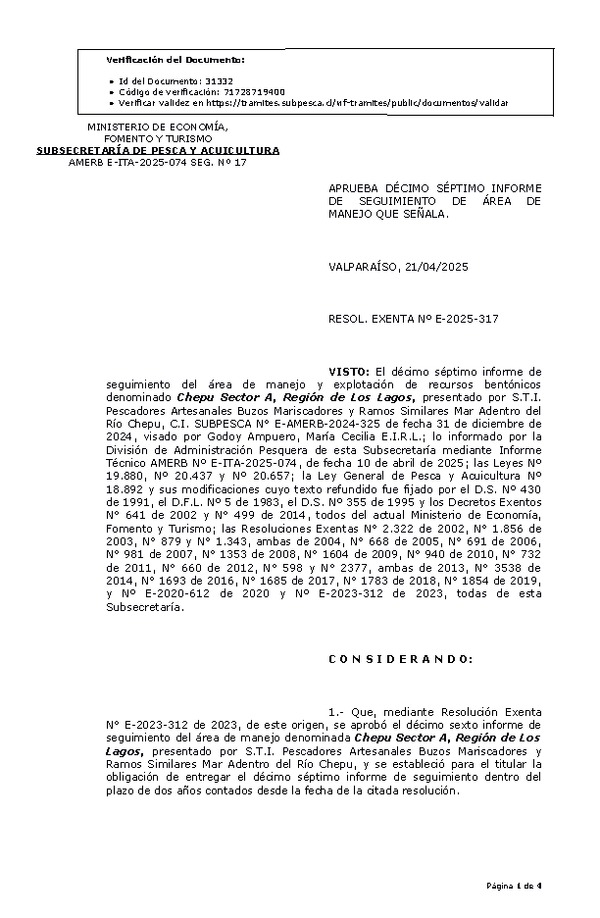 R. EX. N° E-2025-317 Aprueba 17° Informe de seguimiento. (Publicado en Página Web 21-04-2025).