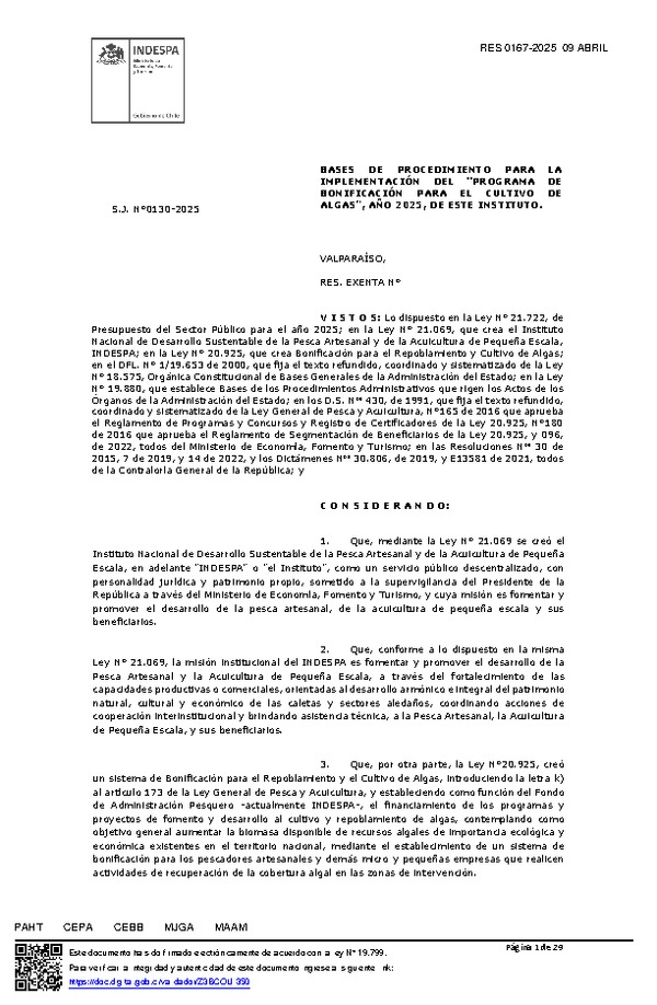Res. Ex. N° 167-2025 (INDESPA) Bases de Procedimiento para la Implementación del "Programa de Bonificación para el Cultivo de Algas", Año 2025, de este Instituto. (Publicado en Página Web 22-04-2025)
