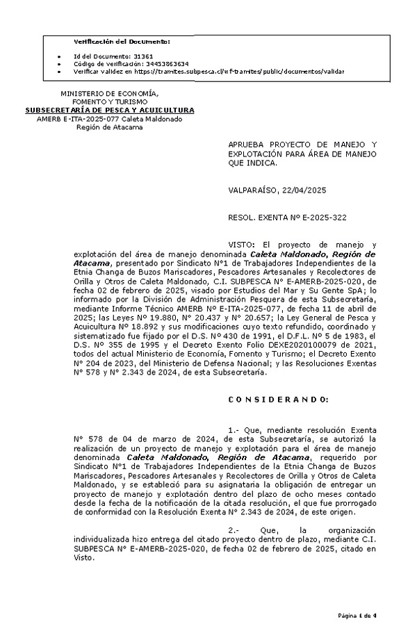 RESOL. EXENTA Nº E-2025-322 Aprueba proyecto de manejo y explotación para área de manejo que indica. (Publicado en Página Web 23-04-2025)