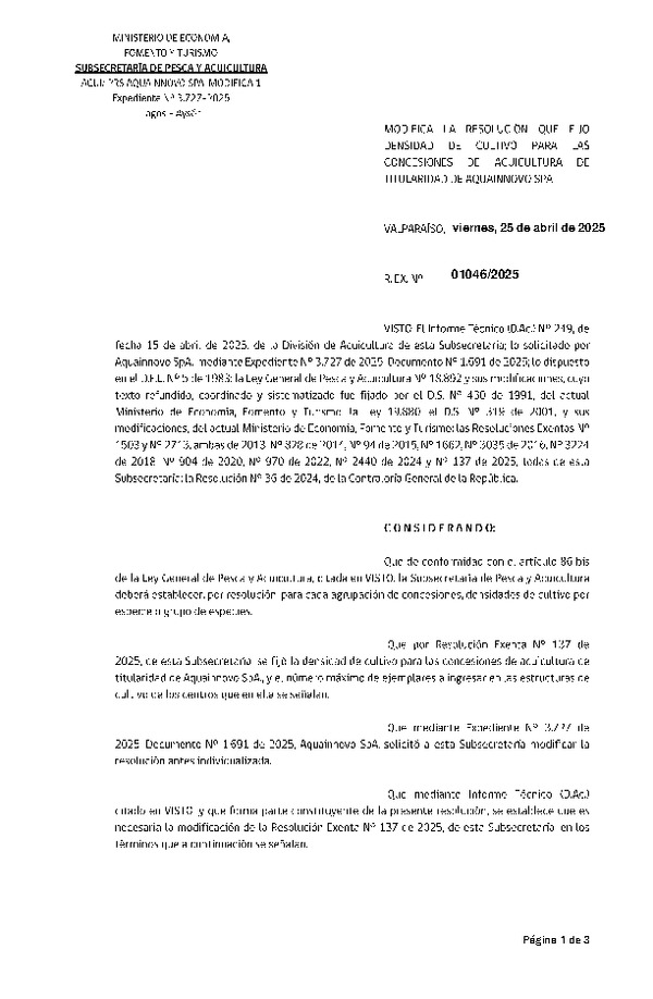Res. Ex. N° 1046-2025 Modifica Res. Ex. N° 137-2025 Fija densidad de cultivo para las concesiones de acuicultura de titularidad de Aquainovo SpA. Aprueba programa de manejo que indica. (Con Informe Técnico) (Publicado en Página Web 25-04-2025)