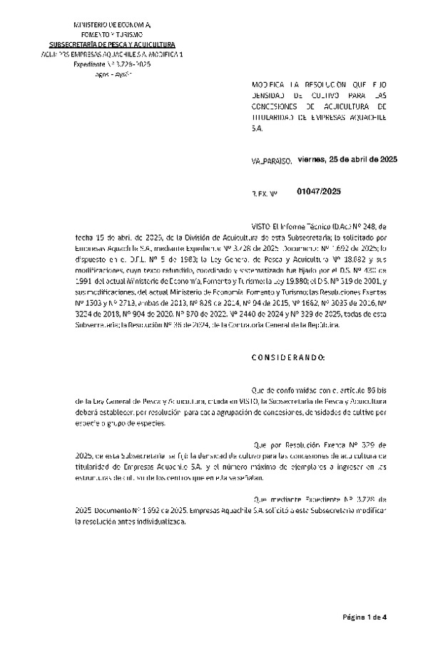 Res. Ex. N° 1047-2025 Modifica Res. Ex. N° 329-2025 Fija densidad de cultivo para las concesiones de acuicultura de titularidad de Empresas Aquachile S.A. Aprueba programa de manejo que indica. (Con Informe Técnico) (Publicado en Página Web 25-04-2025)
