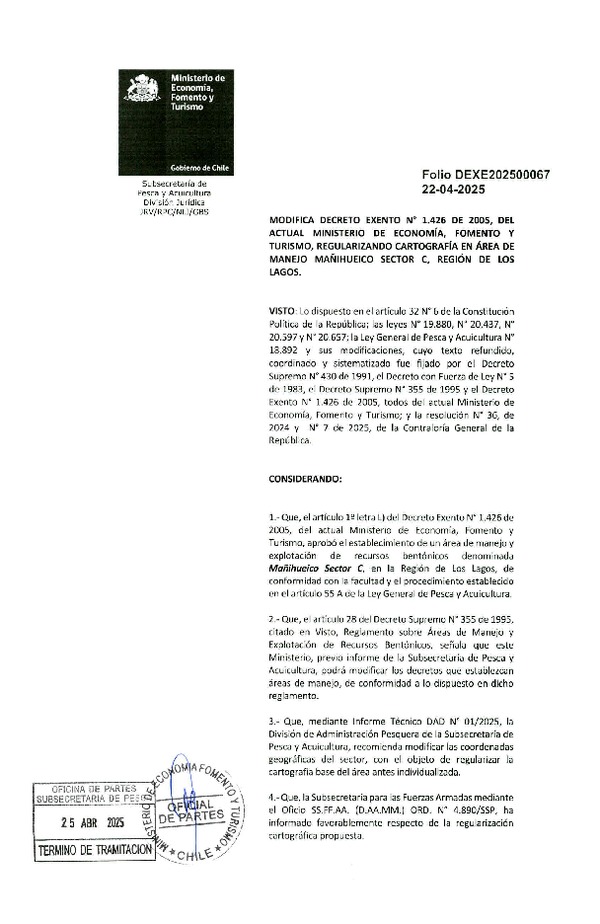 Dec. Ex. Folio 202500067 Modifica Dec. Ex. N° 1426-2005 Regularizando Cartografía en Área de Manejo Mañihuico Sector C, Región de Los Lagos. (Publicado en Página Web 25-04-2025)