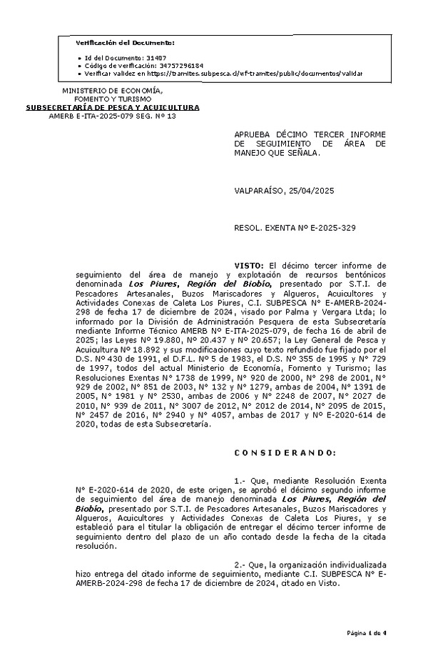  RESOL. EXENTA Nº E-2025-329 Aprueba décimo tercer de informe de seguimiento. (Publicado en Página Web 28-04-2025)