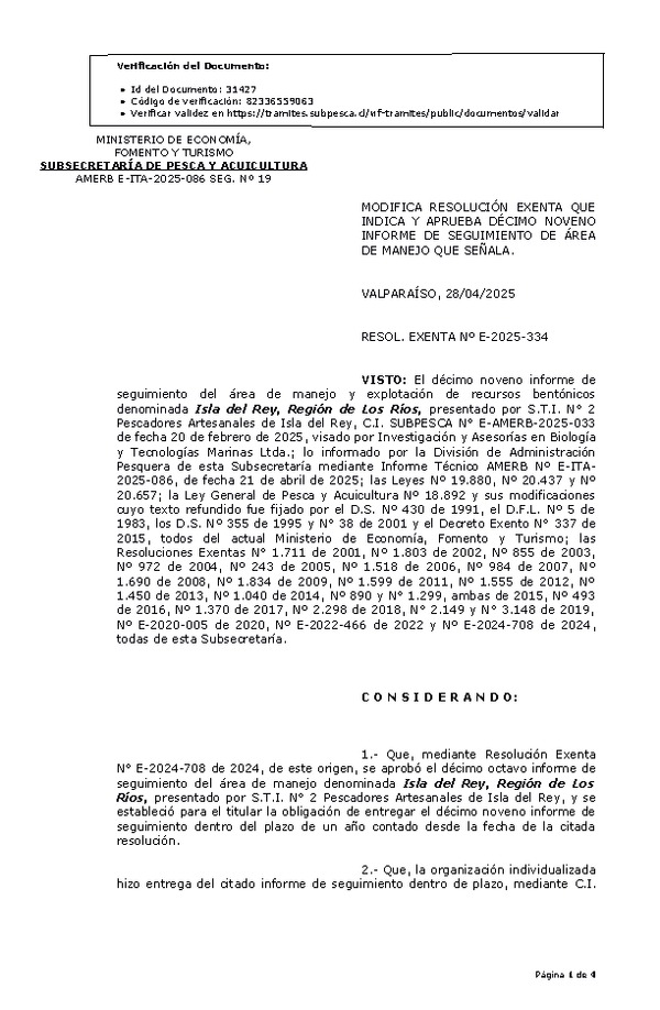 RESOL. EXENTA Nº E-2025-334 Modifica resolución que indica, aprueba décimo noveno informe de seguimiento. (Publicado en Página Web 29-04-2025)