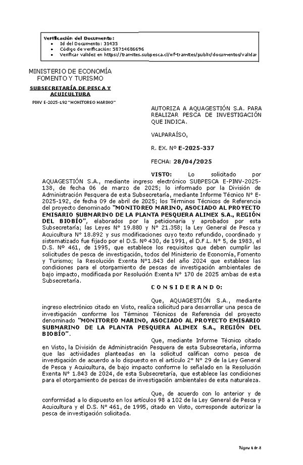 R. EX. Nº E-2025-337 AUTORIZA A AQUAGESTIÓN S.A. PARA REALIZAR PESCA DE INVESTIGACIÓN QUE INDICA. (Publicado en Página Web 29-04-2025)