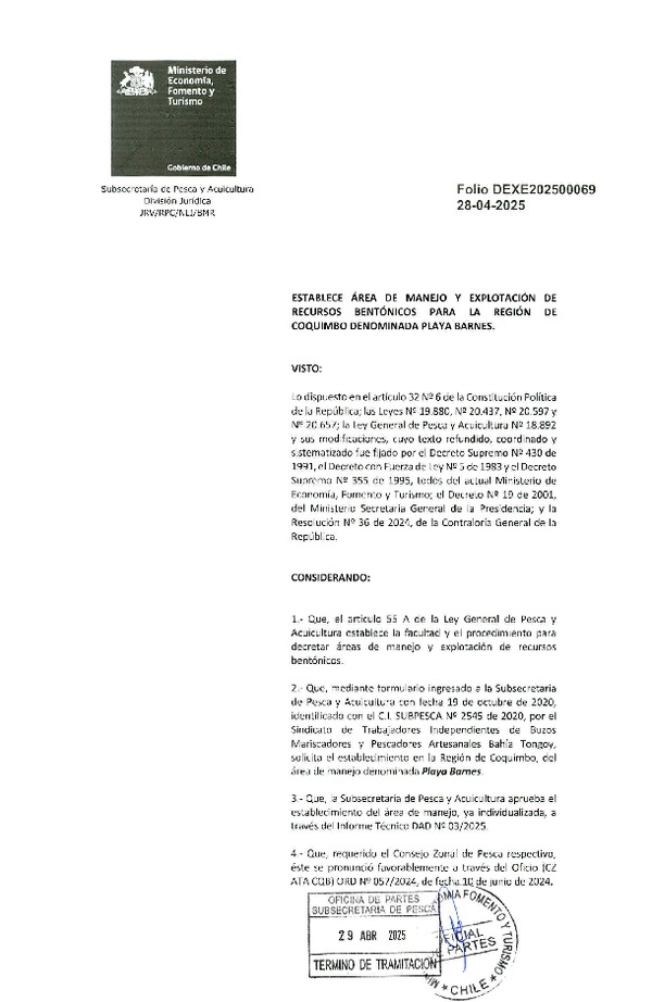Dec. Ex. Folio 202500069 Establece Área de Manejo y Explotación de Recursos Bentónicos para la Región de Coquimbo Denominada Paya Barnes. (Publicado en Página Web 29-04-2025)