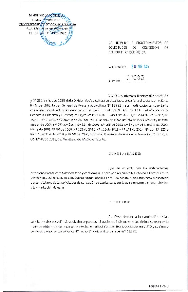 Res. Ex. N° 1083-2025 Da termino a procedimientos de relocalización de concesión de acuicultura que indica. (Publicado en Página Web 30-04-2025)