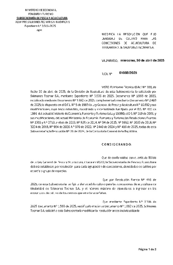 Res. Ex. Nº 1088-2025 Modifica Res. Ex. N° 416-2025 Fija densidad de cultivo para las concesiones de acuicultura de titularidad de Salmones Tecmar S.A. (Con Informe Técnico) (Publicado en Página Web 02-05-2025)