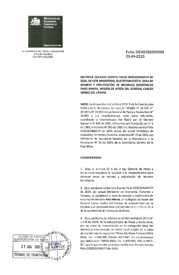 Dec. Ex. Folio 202500068 Rectifica Dec. Ex. Folio 202400179 Establece Área de Manejo y Explotación de Recursos Bentónicos para la Región de Aysén del General Carlos Ibáñez del Campo Denominada Faro Marta. (Publicado en Página Web 06-05-2025)