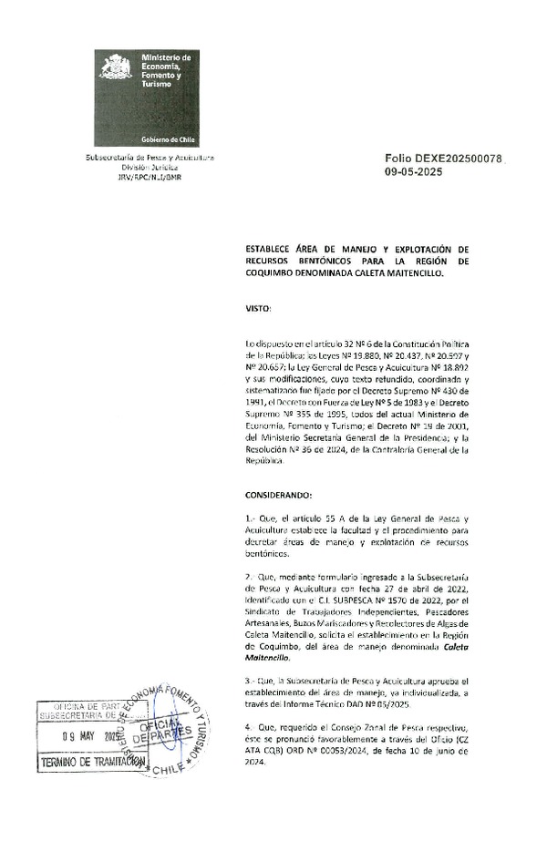 Dec. Ex. Folio 202500078 Establece Área de Manejo y Explotación de Recursos Bentónicos para la Región de Coquimbo Denominada Caleta Maitencillo. (Publicado en Página Web 14-05-2025)
