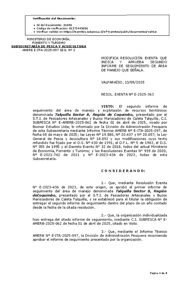 RESOL. EXENTA Nº E-2025-363 Modifica resolución que indica, Aprueba segundo informe de seguimiento. (Publicado en Página Web 14-05-2025)