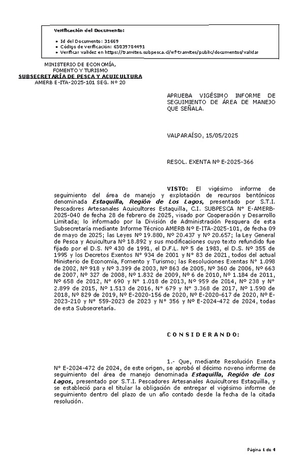 RESOL. EXENTA Nº E-2025-366 Aprueba vigésimo informe de seguimiento. (Publicado en Página Web 15-05-2025)
