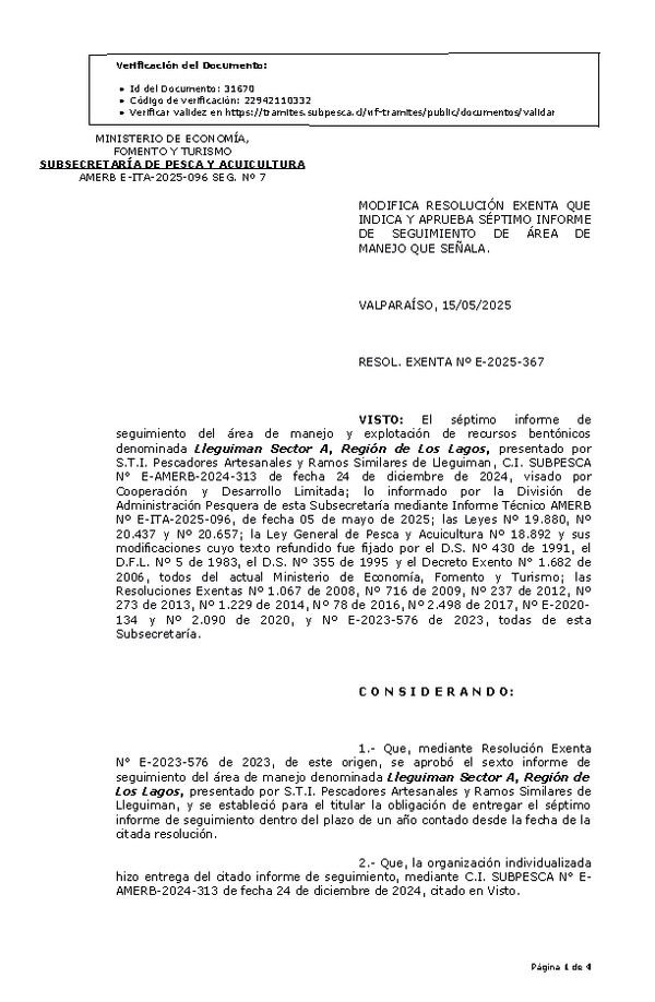 RESOL. EXENTA Nº E-2025-367 Modifica resolución que indica, Aprueba séptimo informe de seguimiento. (Publicado en Página Web 15-05-2025)