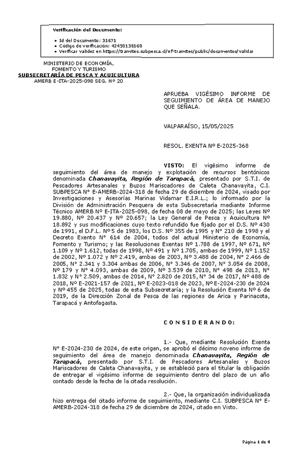 RESOL. EXENTA Nº E-2025-368 Aprueba vigésimo informe de seguimiento. (Publicado en Página Web 15-05-2025)
