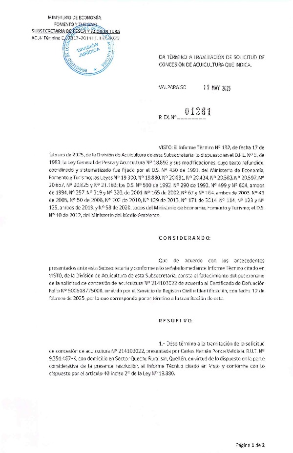 Res. Ex. N° 1261-2024 Da termino a tramitación a solicitud de concesión de acuicultura que indica. (Publicado en Página Web 19-05-2025)