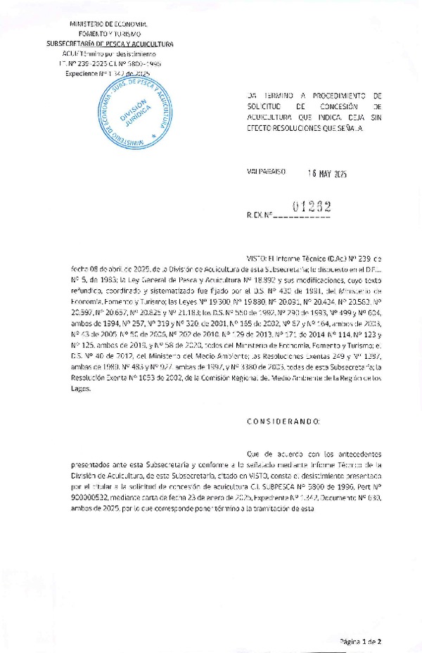 Res. Ex. N° 1262-2024 Da termino a procedimiento de solicitud de modificación de concesión de acuicultura que indica. (Publicado en Página Web 19-05-2025)