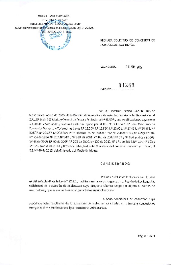 Res. Ex. N° 1263-2024 Rechaza solicitud de concesión de acuicultura que indica. (Publicado en Página Web 19-05-2025)