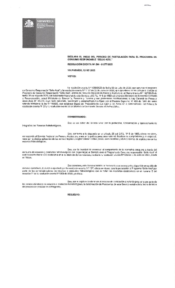 Res. Ex. N° DN 1277-2025 (Sernapesca) Declara el inicio del período de postulación para el programa de consumo responsable "Sello Azul". (Publicado en Página Web 20-05-2025)
